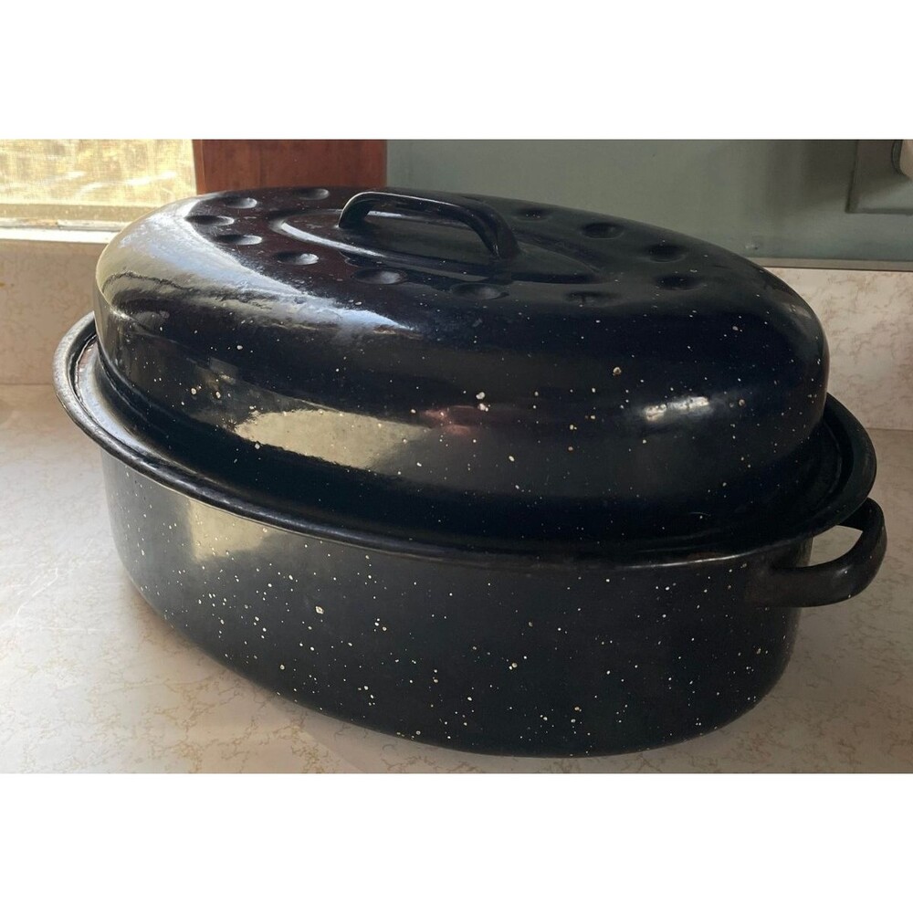 Granite Ware Oven Roaster Pan w/Lid 14" Oval Black Enamel on Steel 1960-69s
